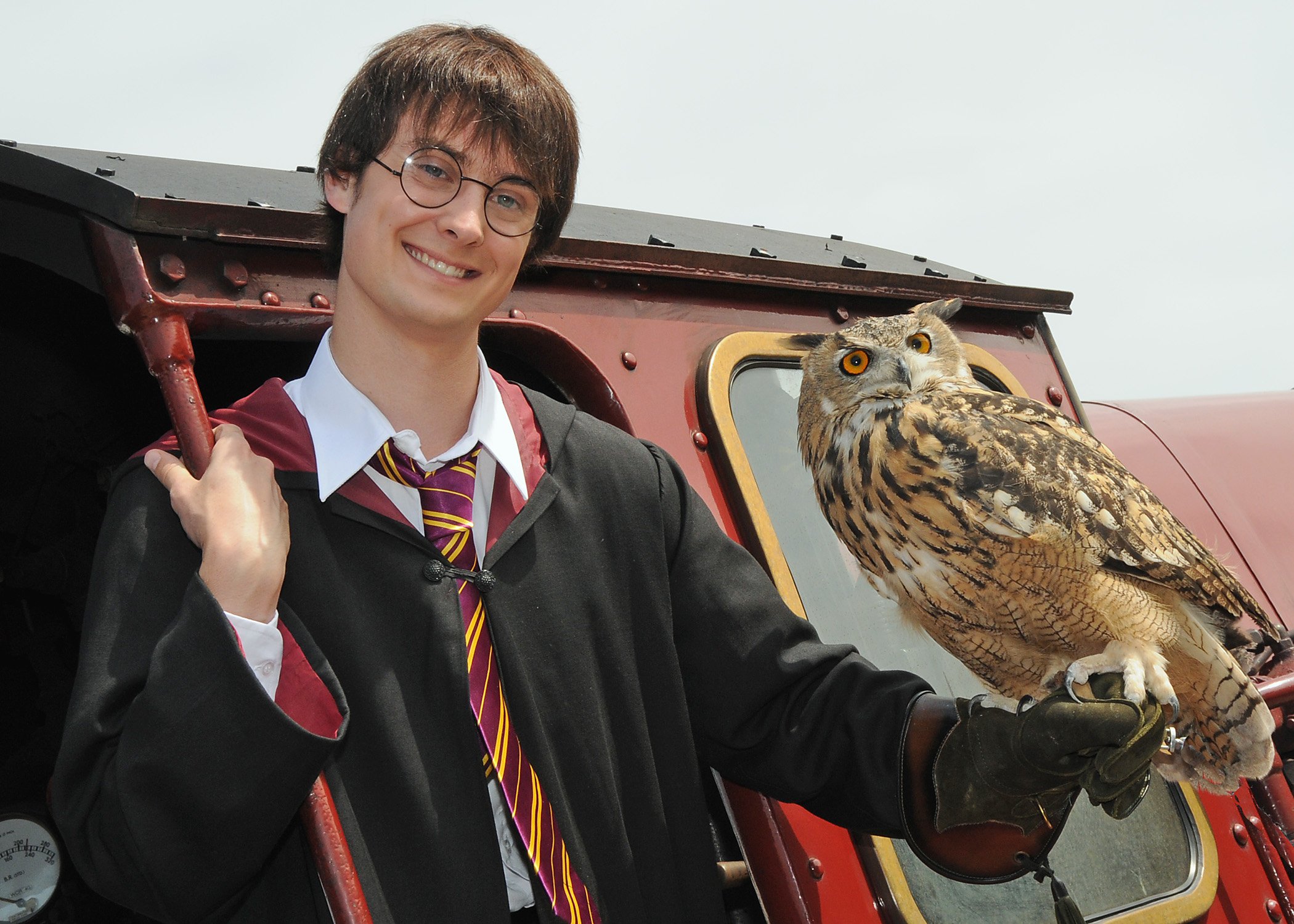 Harry Potter and owl on steam train