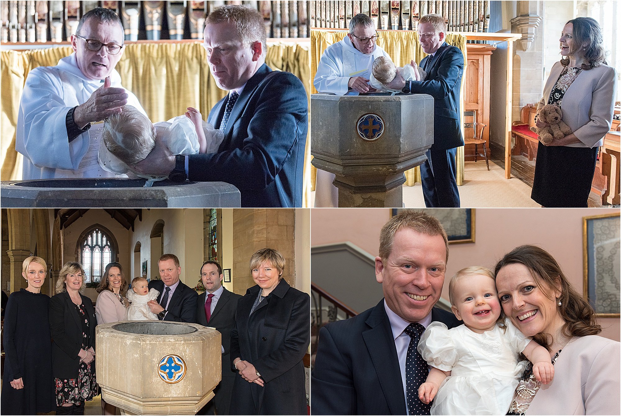 Christening montage vicar wets baby's head parents with baby God parents with baby