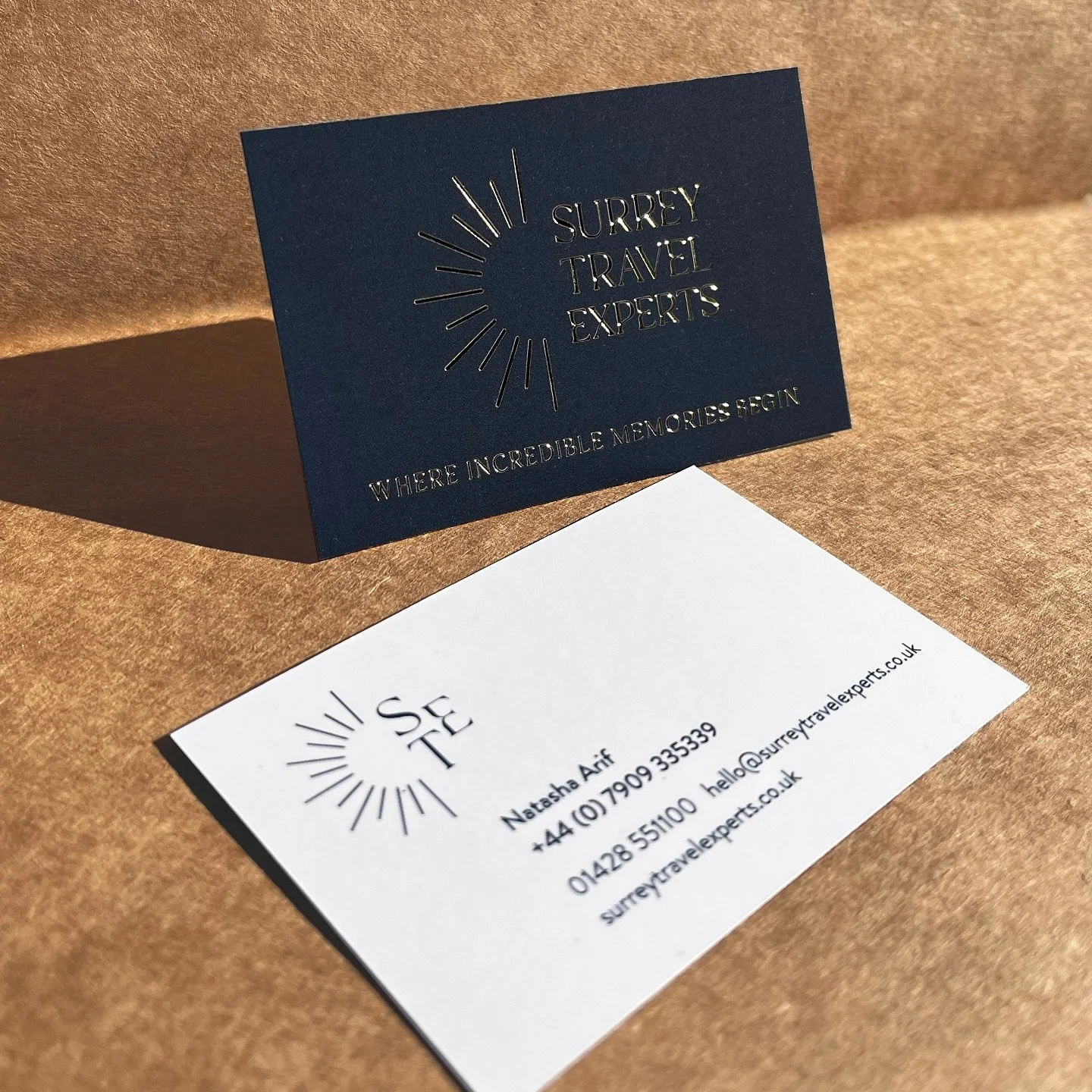 Branding design for the lovely team @surreytravelexperts Natasha was looking for a refined, luxe identity to represent her high end travel business. 
A foiled gold sunburst on soft touch business cards captures the essence of elegance and adventure. 