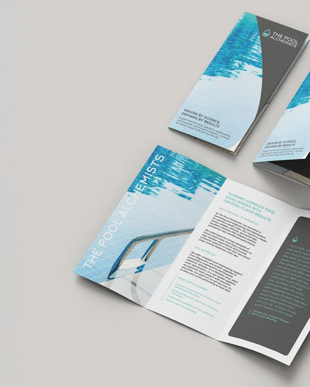 New DL leaflets for The Pool Alchemists, designed to build on their existing brand and reach new health club customers. These new roll fold leaflets highlight their premium pool maintenance services while staying true to their established visual iden