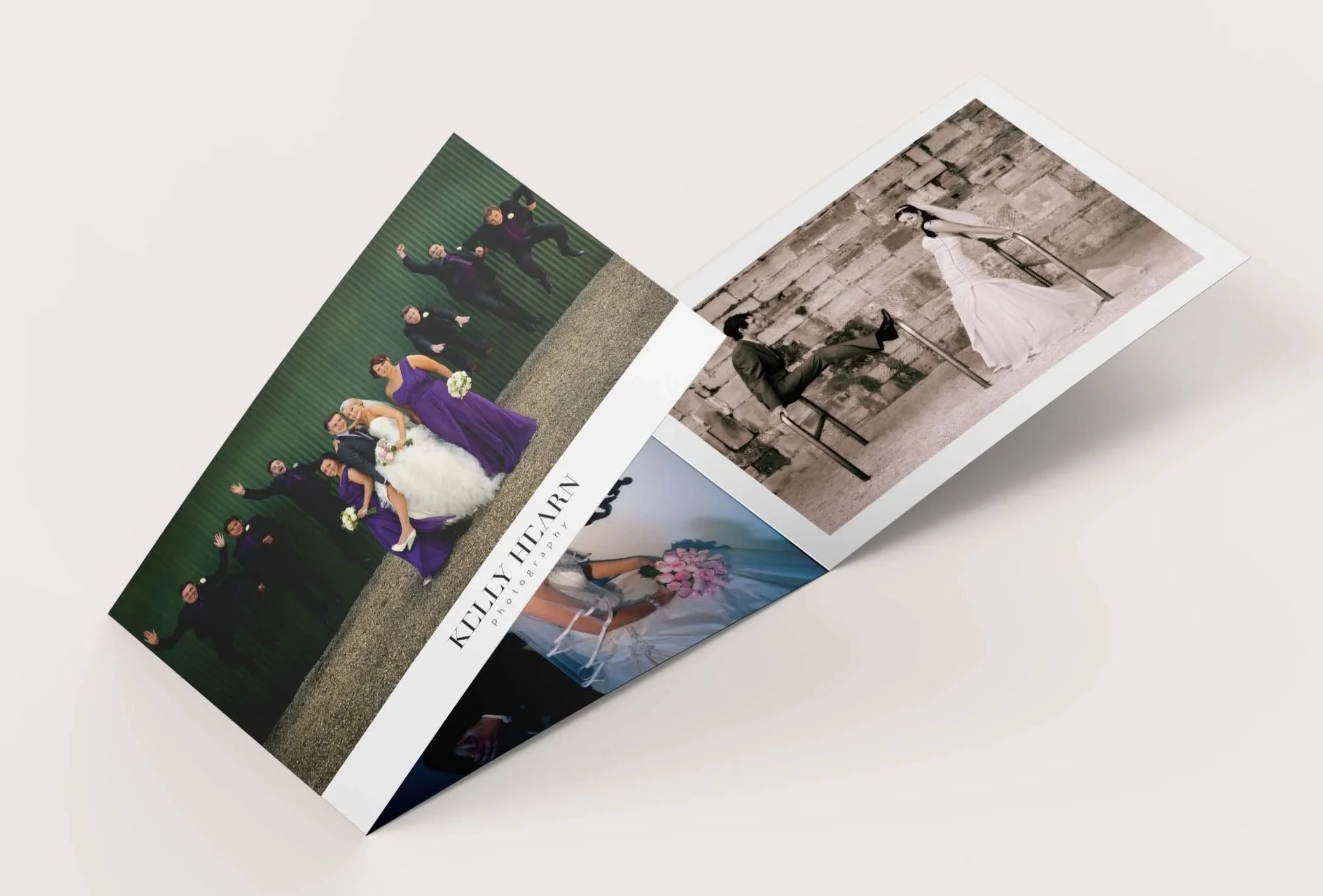 Folded photography brochure displaying wedding photos, including a group wedding portrait with brides and grooms in purple and white dresses, a black-and-white picture of a couple sitting on chairs against a brick wall, and a bride holding a bouquet 