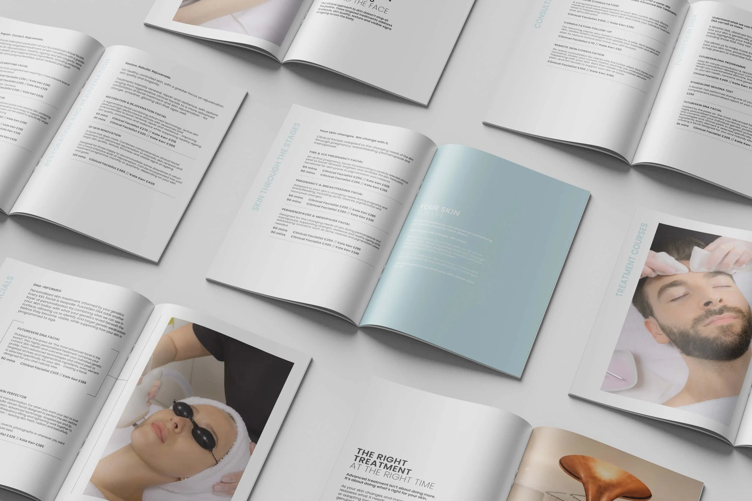 Open magazines on skincare treatments featuring images of women with skincare masks and sunglasses, and a man with a facial treatment, on a white surface.