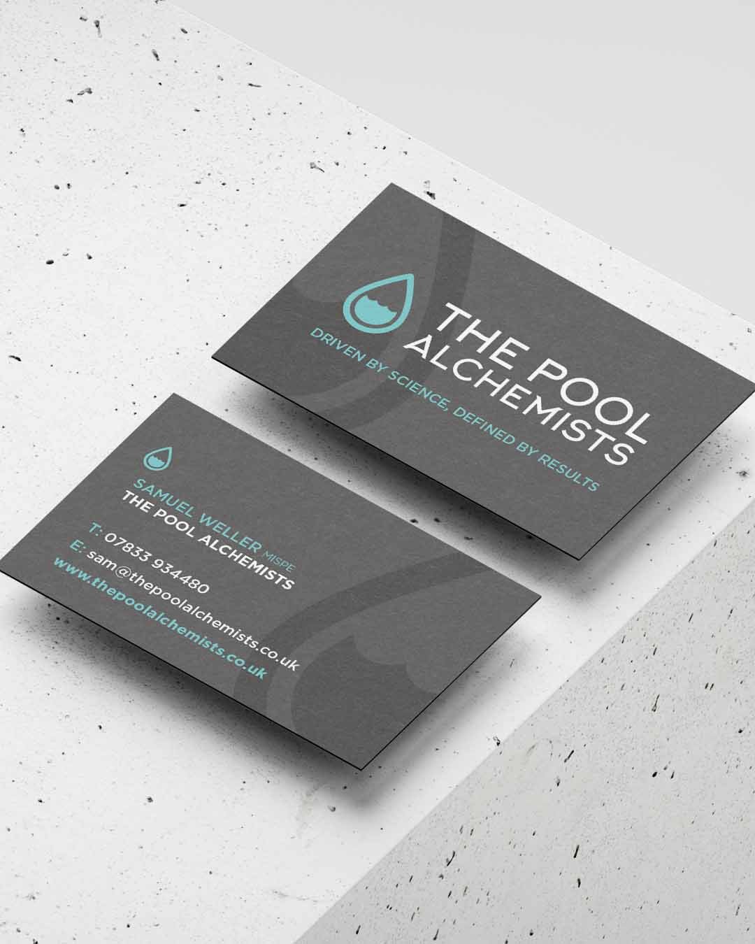 Business cards for The Pool Alchemists, featuring a water droplet icon, the tagline "Driven by science, defined by results," and contact details for Samuel Weller, including phone number, email, and website.