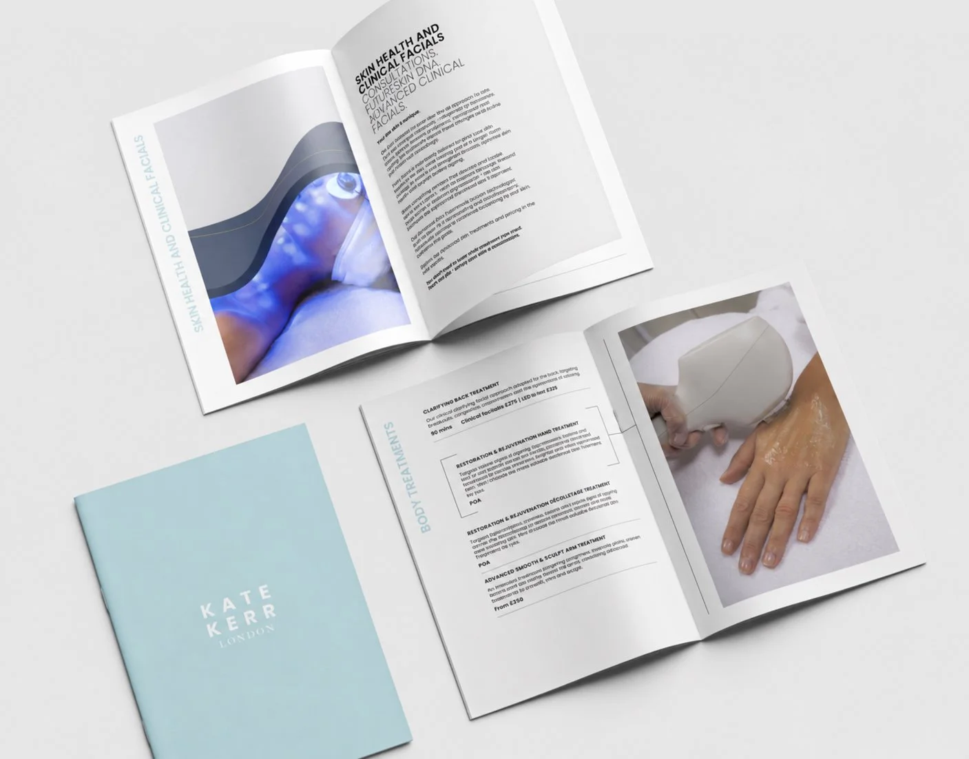 Open brochure and pamphlet on skin health treatments, showing an image of a person's hand with a device and a person having a facial treatment at a medical clinic.