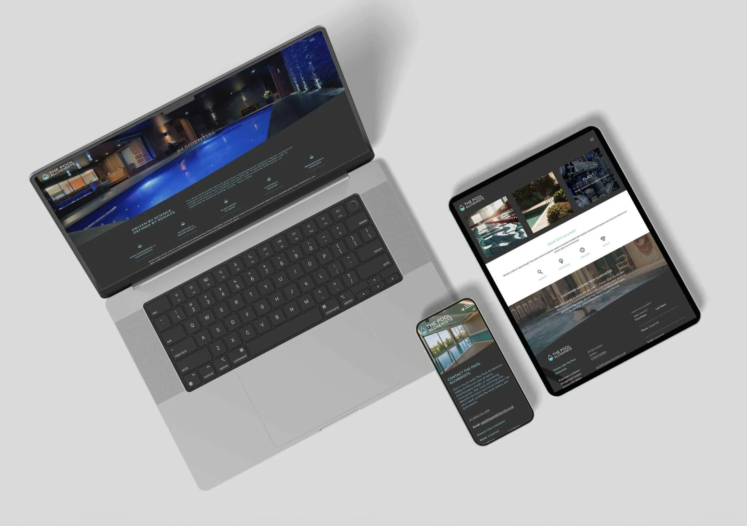 A laptop, a tablet, and a smartphone displaying the website and branding of 'The Pool Alchemists' related to swimming pools, with a light gray background.