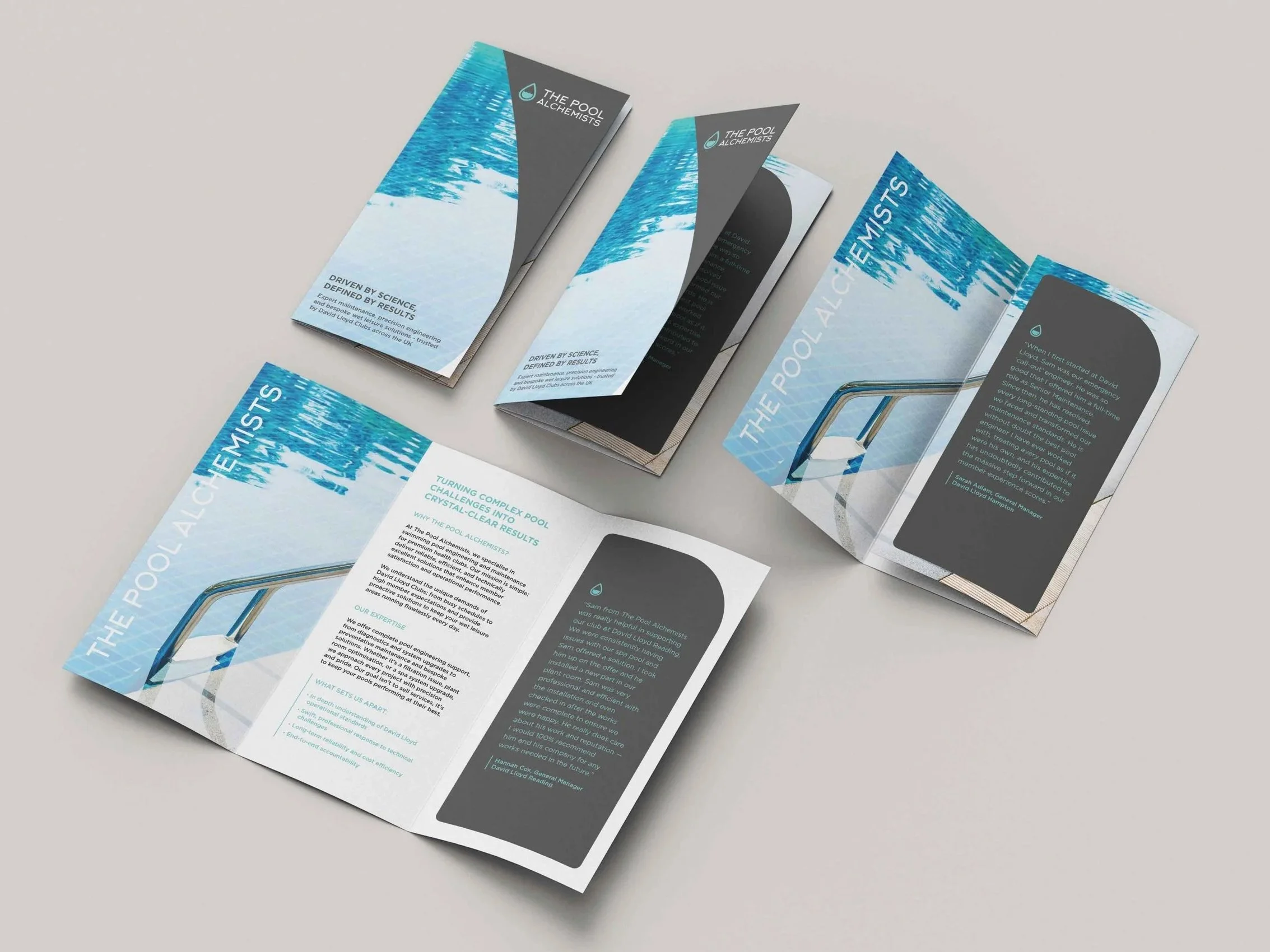 Tri-fold brochure for The Pool Alchemists, featuring a pool ladder, pool water, and blue and white color scheme.
