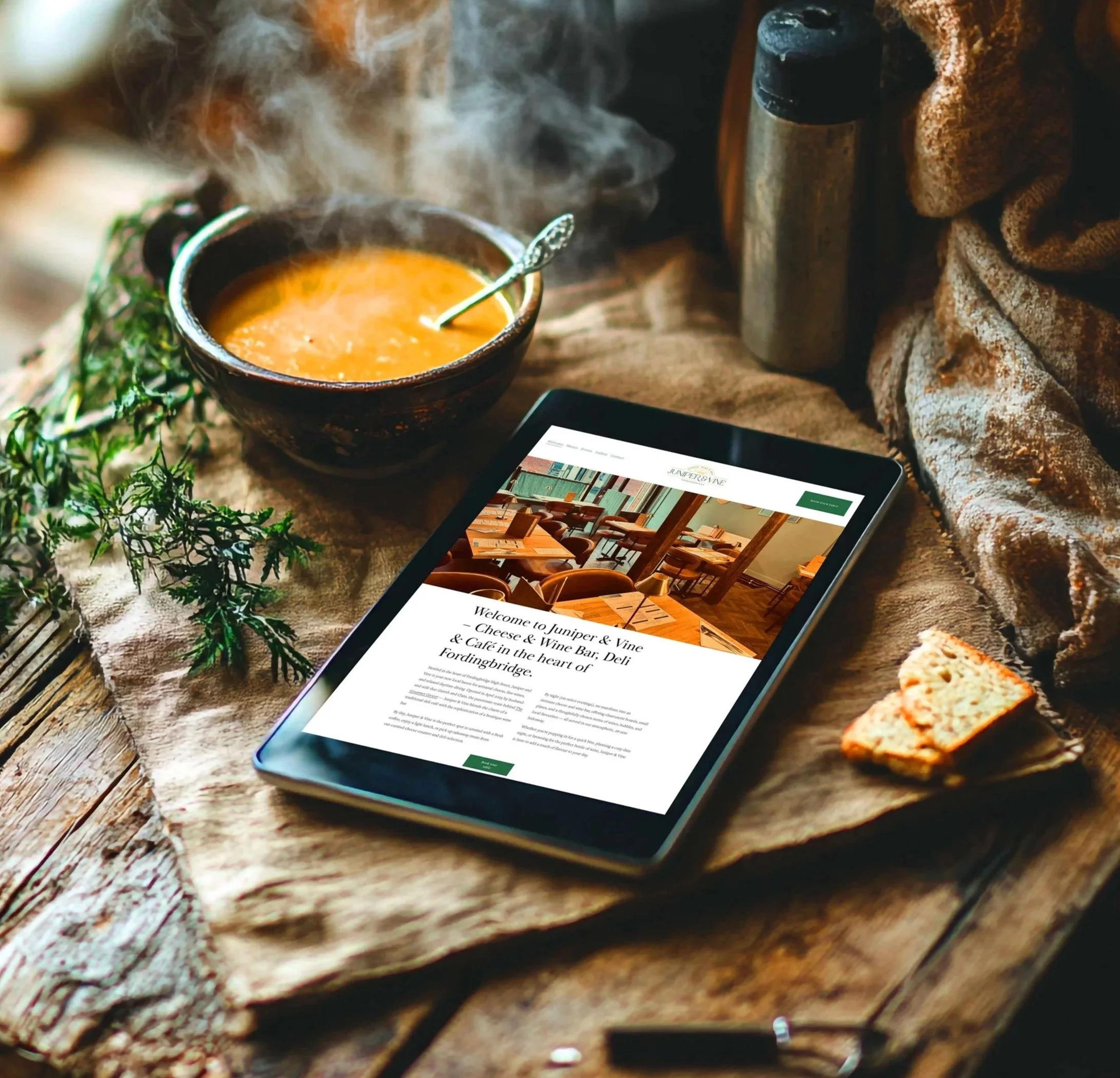 A steaming bowl of soup with a spoon, a sprig of greenery, a piece of biscotti, and a tablet displaying a website for a wine bar and café on a rustic wooden table.
