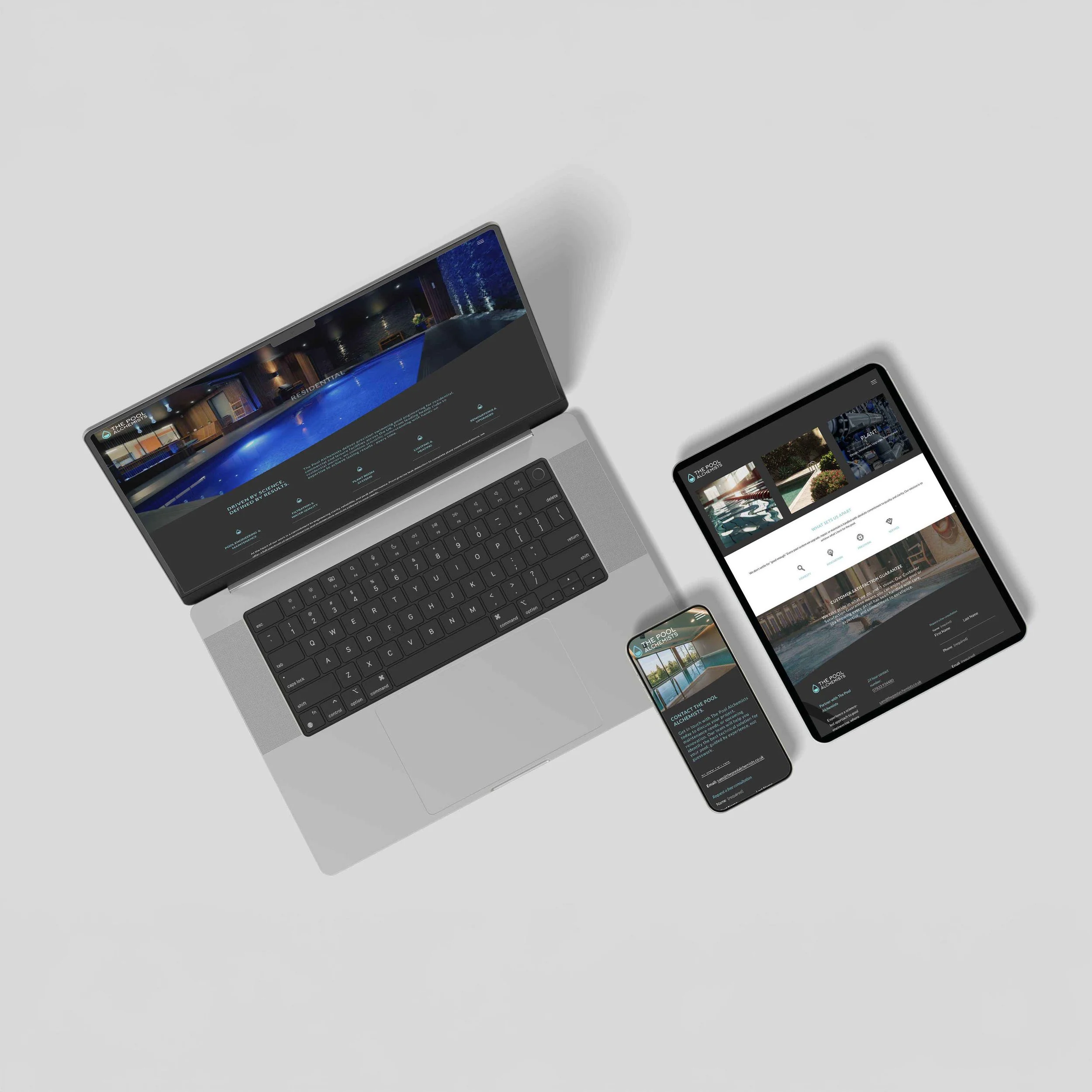 Laptop, tablet, and smartphone displaying a website about a pool at a resort or hotel.