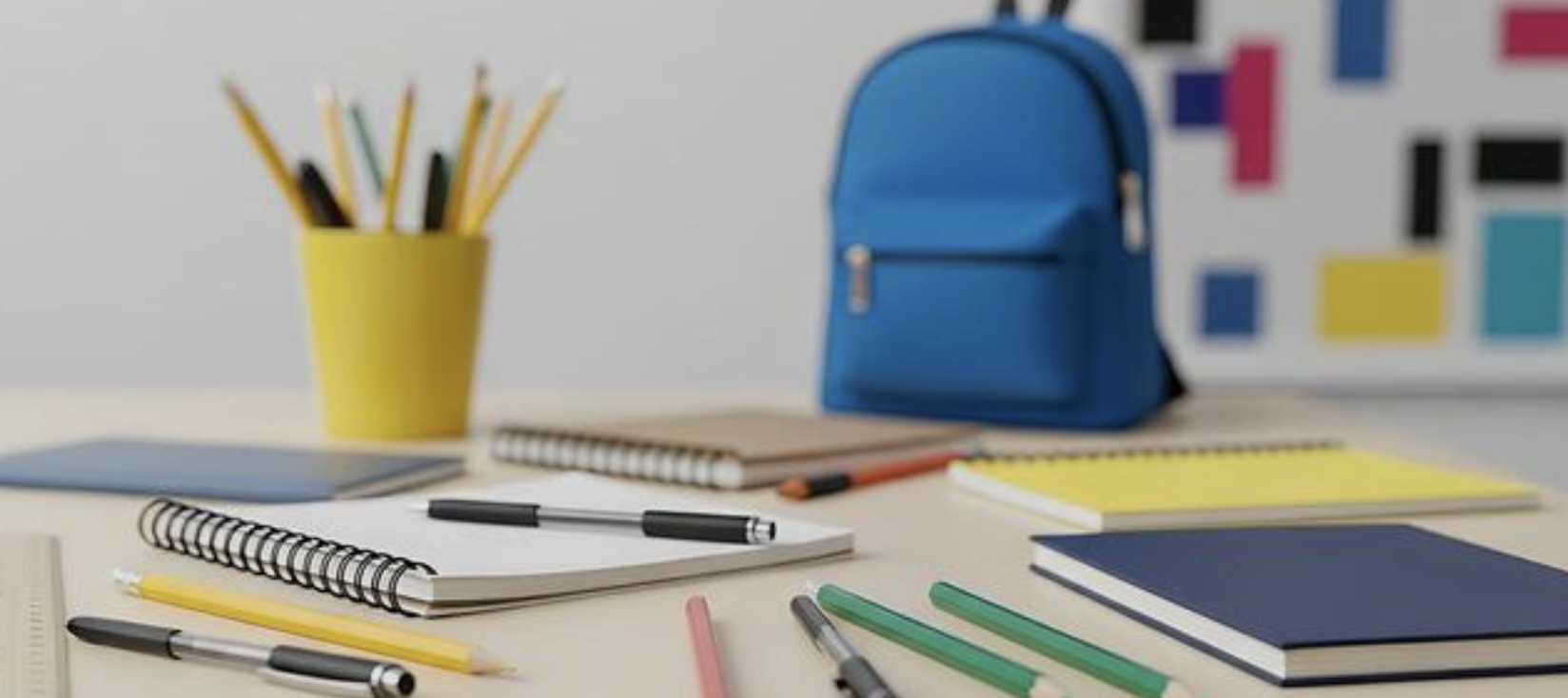 Tables with notebooks, pencils, rucksacks