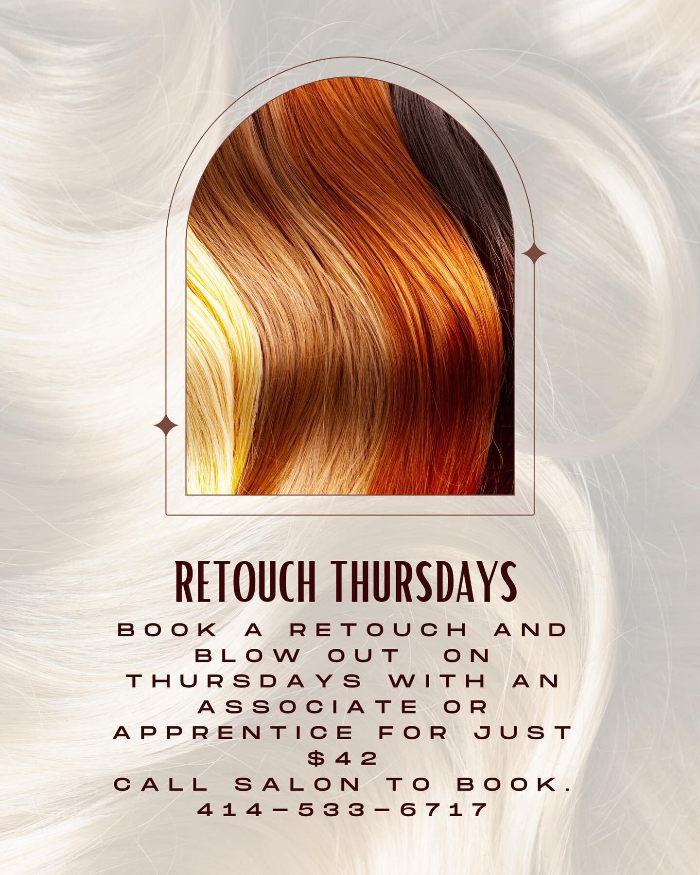 Don&rsquo;t forget we offer $42 Retouch Thursdays 🎨 

📍At all three of our locations📍 
This awesome deal is with associates and apprentice only⚡️ 

#colorretouch #colordeal #brookfield #wauwatosa #oakcreek #mkehair