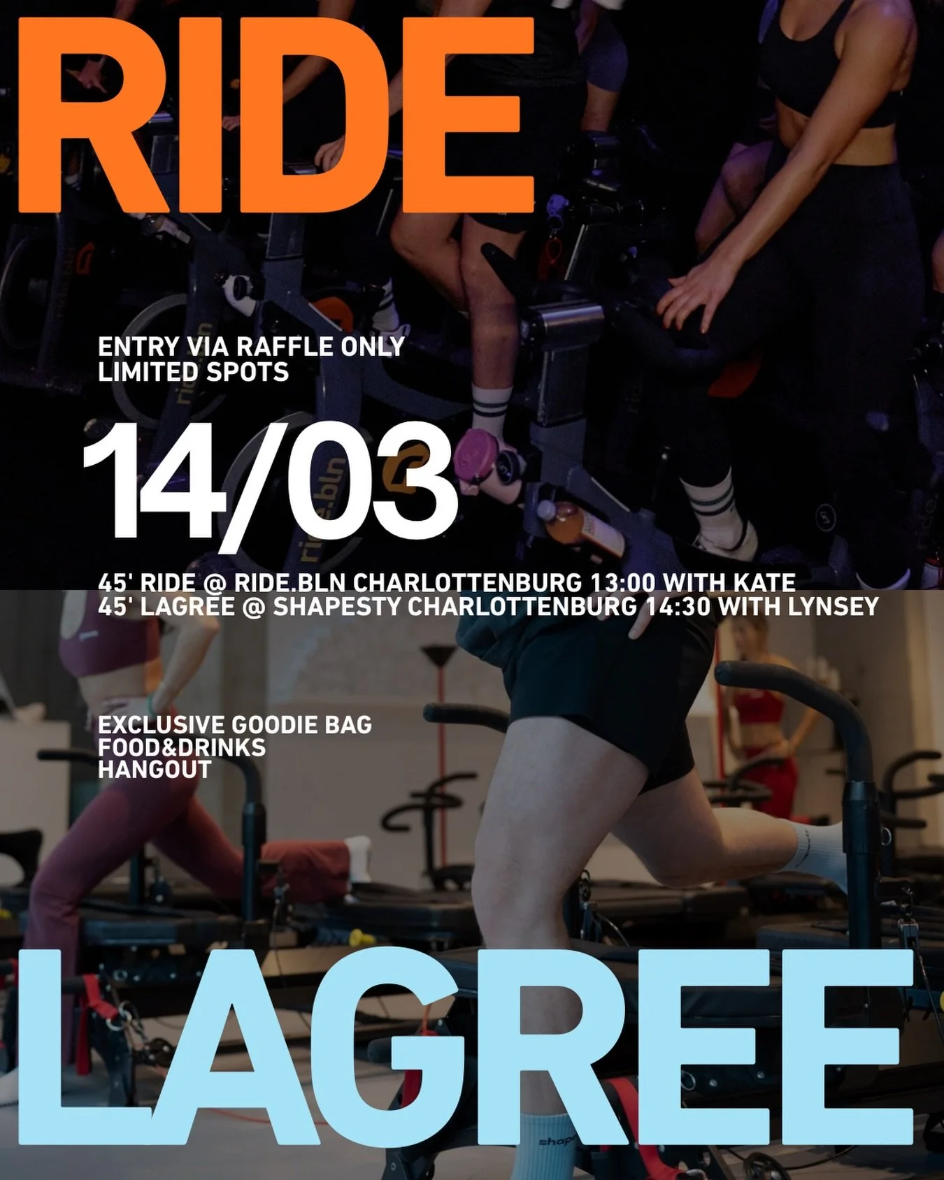 RIDE &amp; LAGREE 🤍

Join us for an exclusive event by @ride.bln &amp; @shapesty.berlin .
We&rsquo;ll kick things off with a 45-minute cycling class at ride.bln charlottenburg led by @_withkate , then head over together to shapesty charlottenburg fo