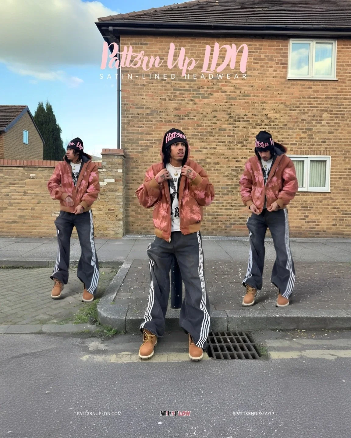 Three young men standing on a sidewalk in front of a brick house, wearing matching satin-lined jackets, dark pants with white stripes, and beanies that say "Patt3rn Up." One in the center adjusting his jacket, with a logo and text overlay promoting s