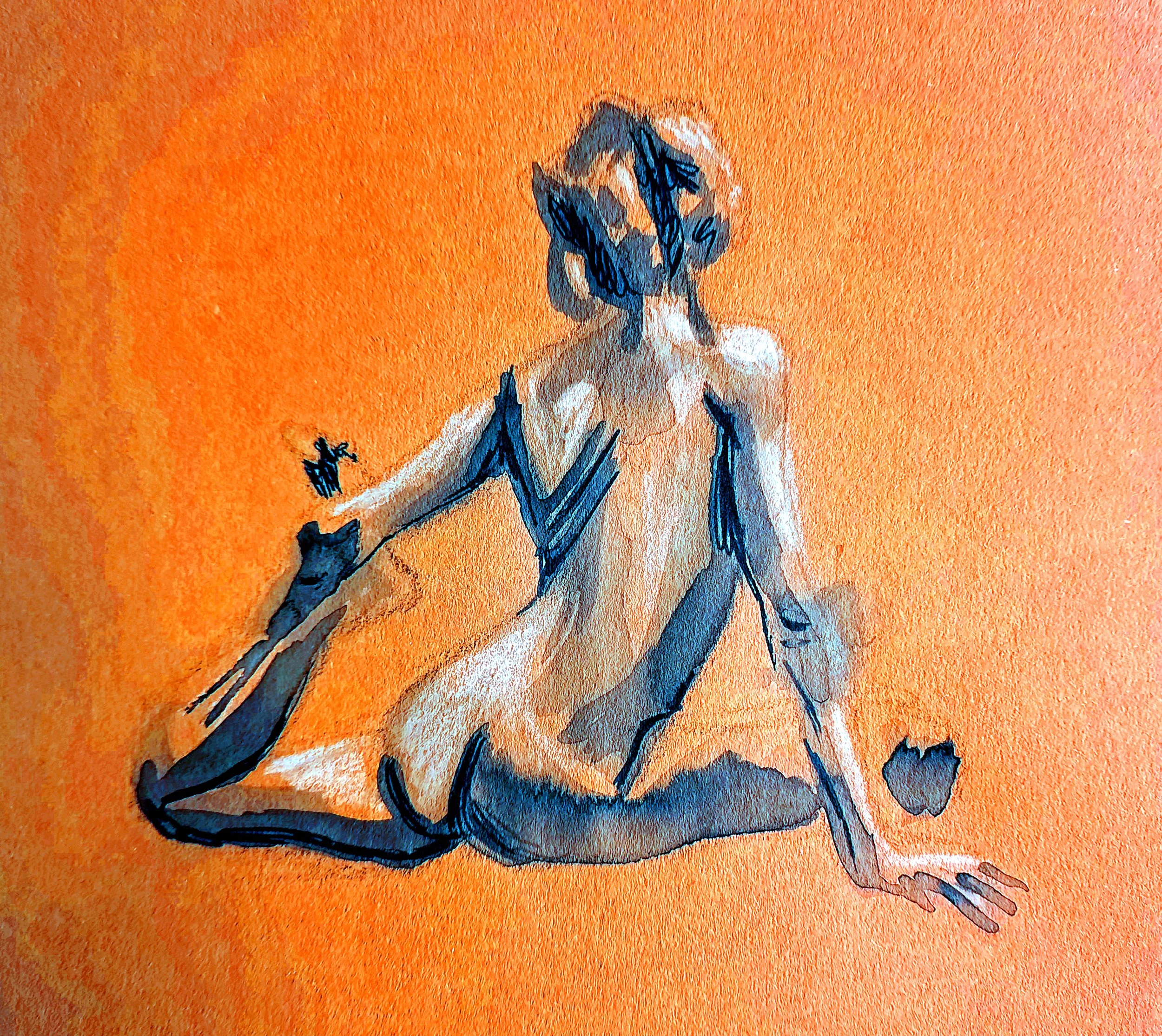 Dynamic Female Nude (Ink on Stick on Orange)