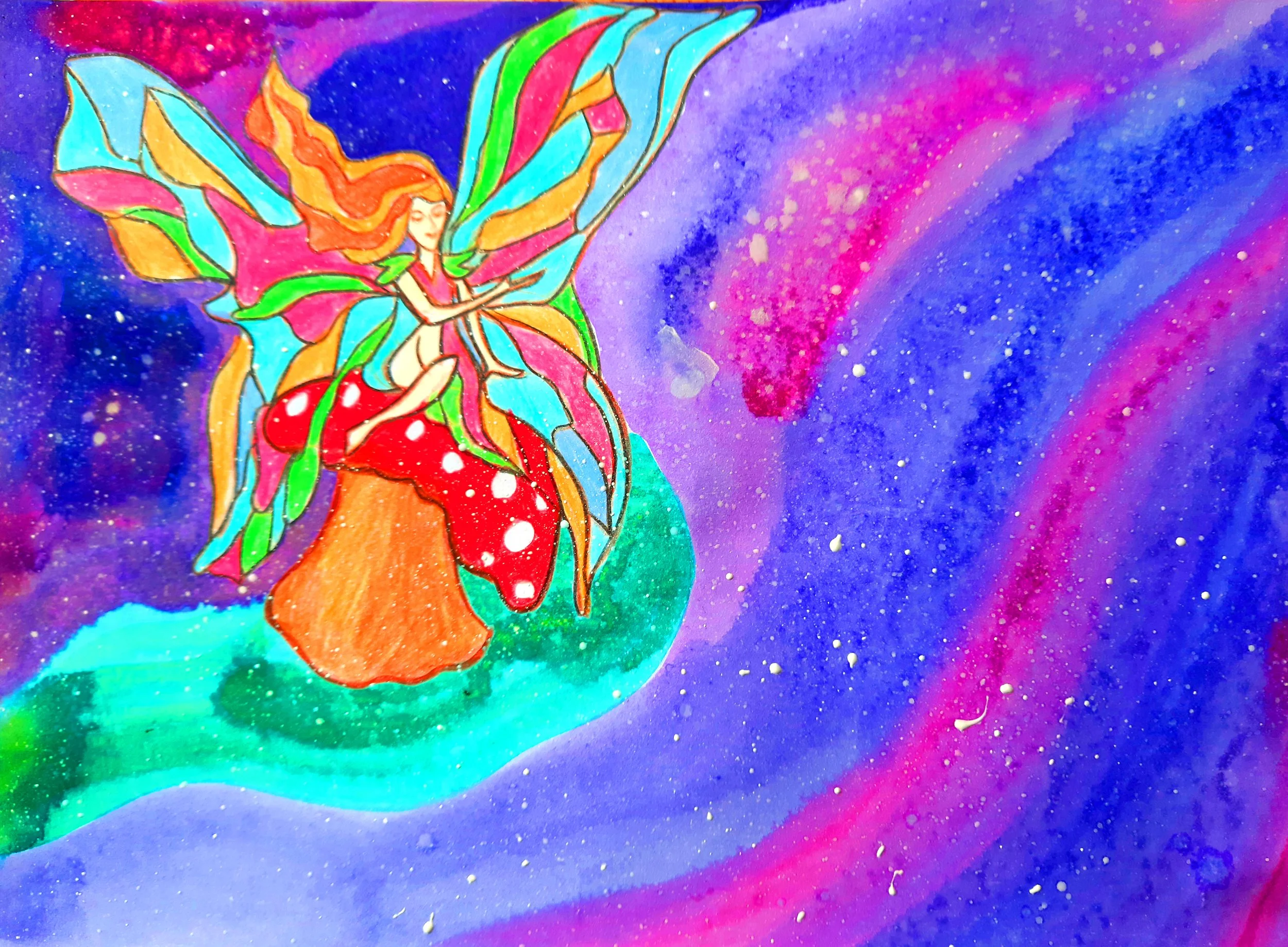 Mushroom Fairy (Watercolours, and Polychromos and Acrylics Mixed Media)