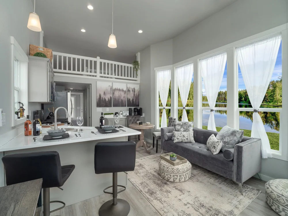 Tiny Home Cottages interior with a loft and bright living space