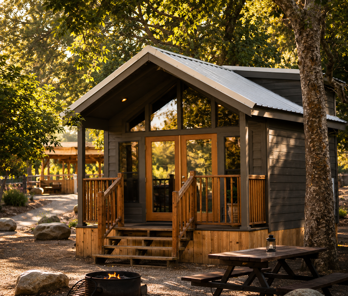 Creekside cabin surrounded by trees