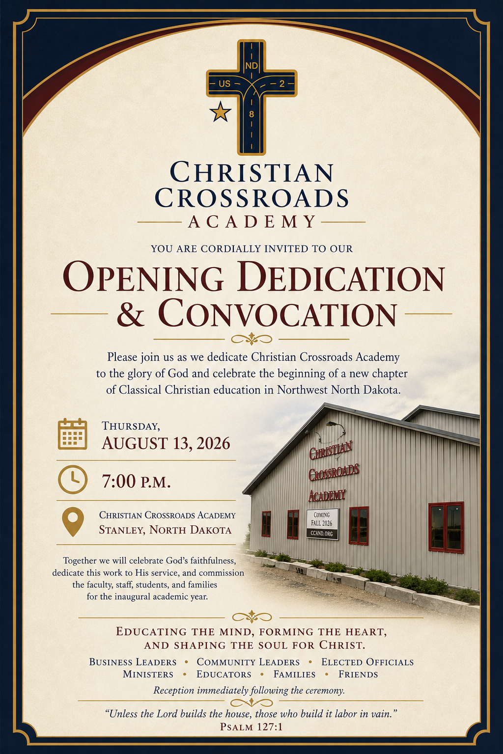 Christian Crossroads Academy Opening Dedication and Convocation Invitation