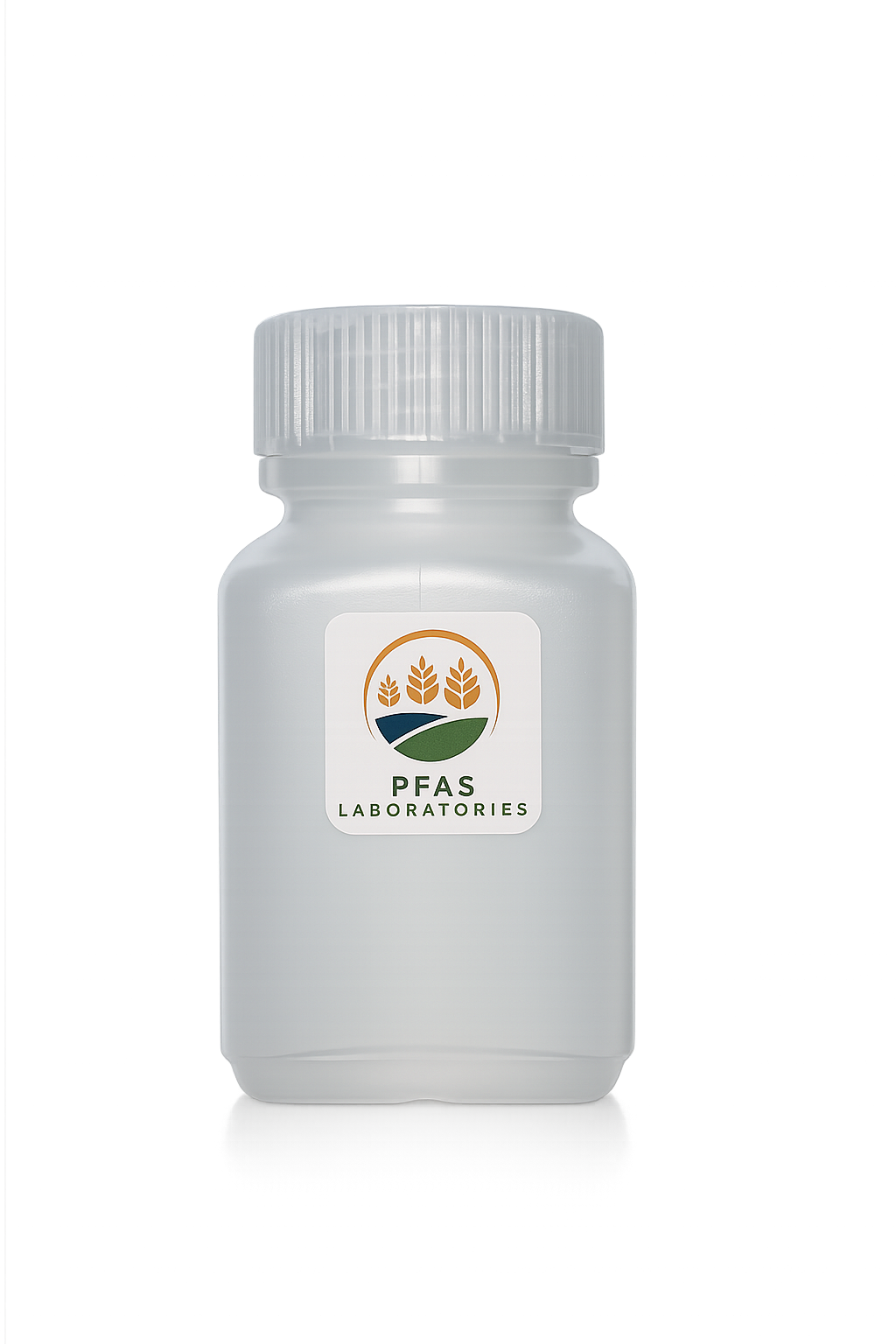 A small clear plastic bottle with a white lid, labeled PFAS Laboratories, featuring a logo with stylized wheat and a landscape.