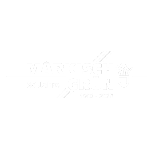 Logo mit Text und symbolischer Darstellung eines Straußes für das 35-jährige Jubiläum von Märkisch Grün, 1990-2025.