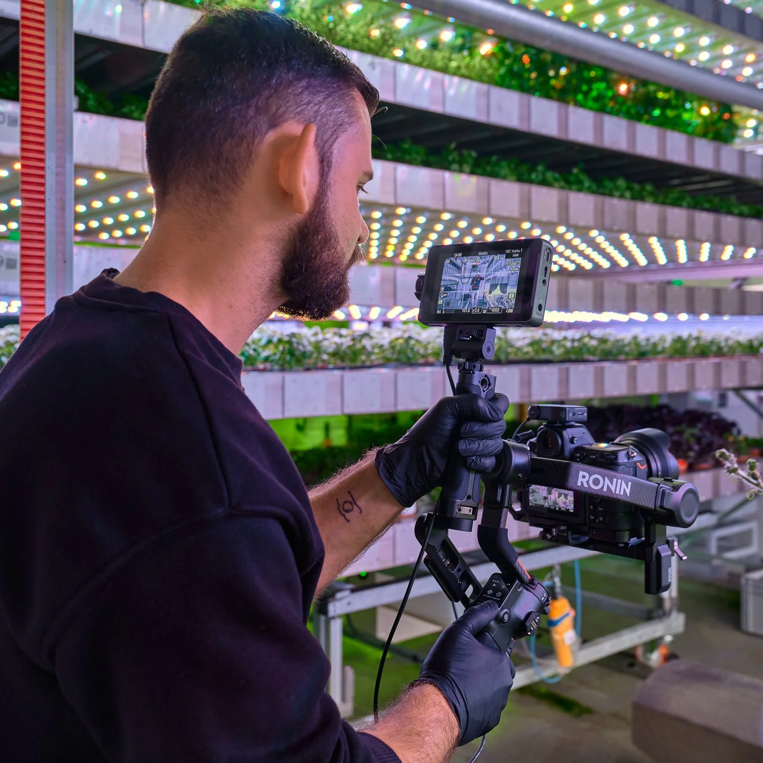 Ein Mann mit dunklem Haar und Bart filmt in einem Innenraum mit einem Kamera-Setup, umgeben von vertikalen Pflanzregalen mit LED-Beleuchtung.