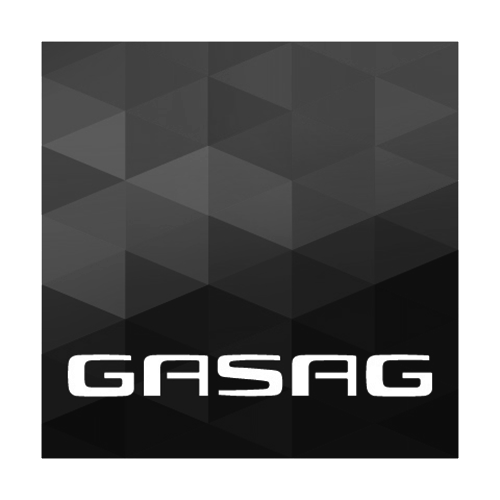 Logo mit dem Text 'GASAG' auf schwarzem Hintergrund mit geometrischem Muster in Grautönen.