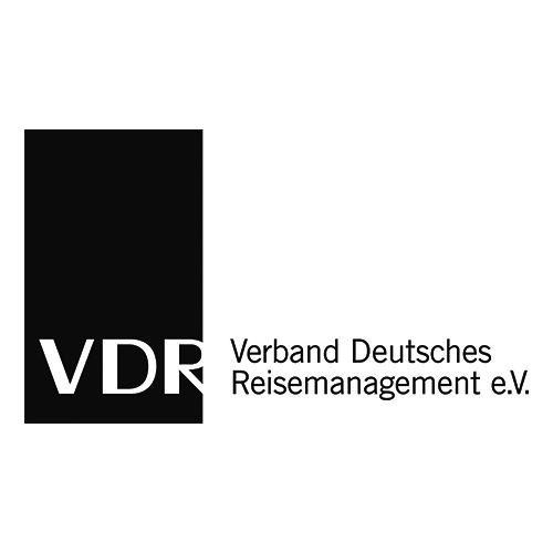 Logo des Verbands Deutsches Reisemanagement e.V. (VDR) mit schwarzem und weißem Hintergrund