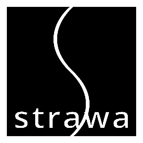 Logo mit einer geschwungenen weißen Linie und dem Text 'strawa' darunter.