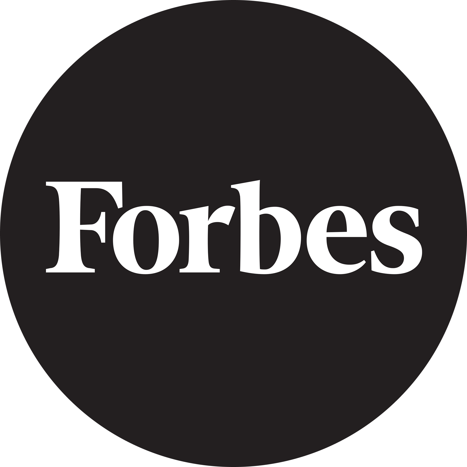 Forbes logo with white text on black circular background.