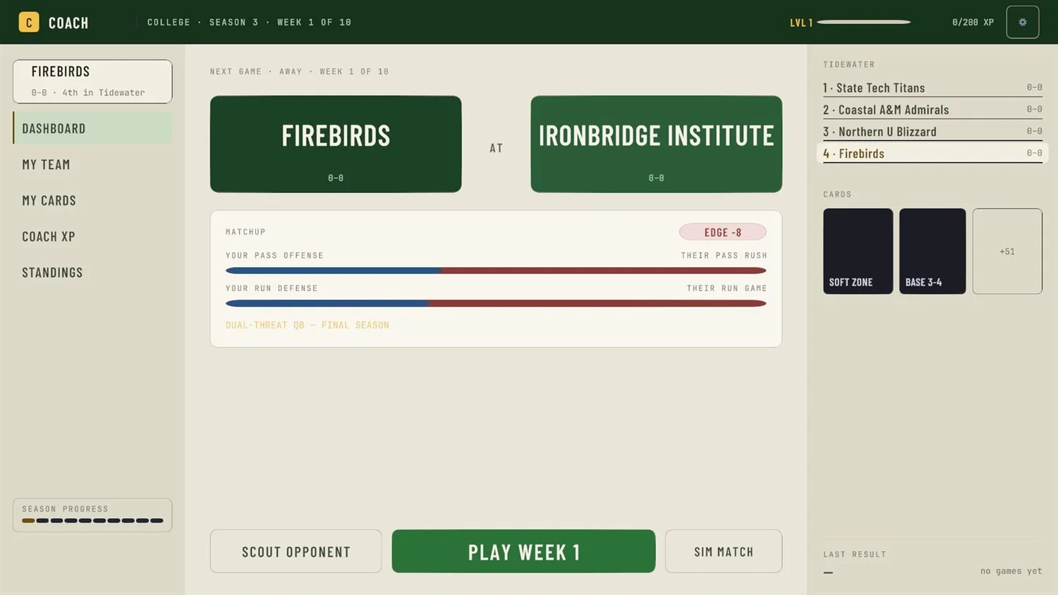The coach's dashboard: next game at Ironbridge Institute, matchup edge, and the conference table.
