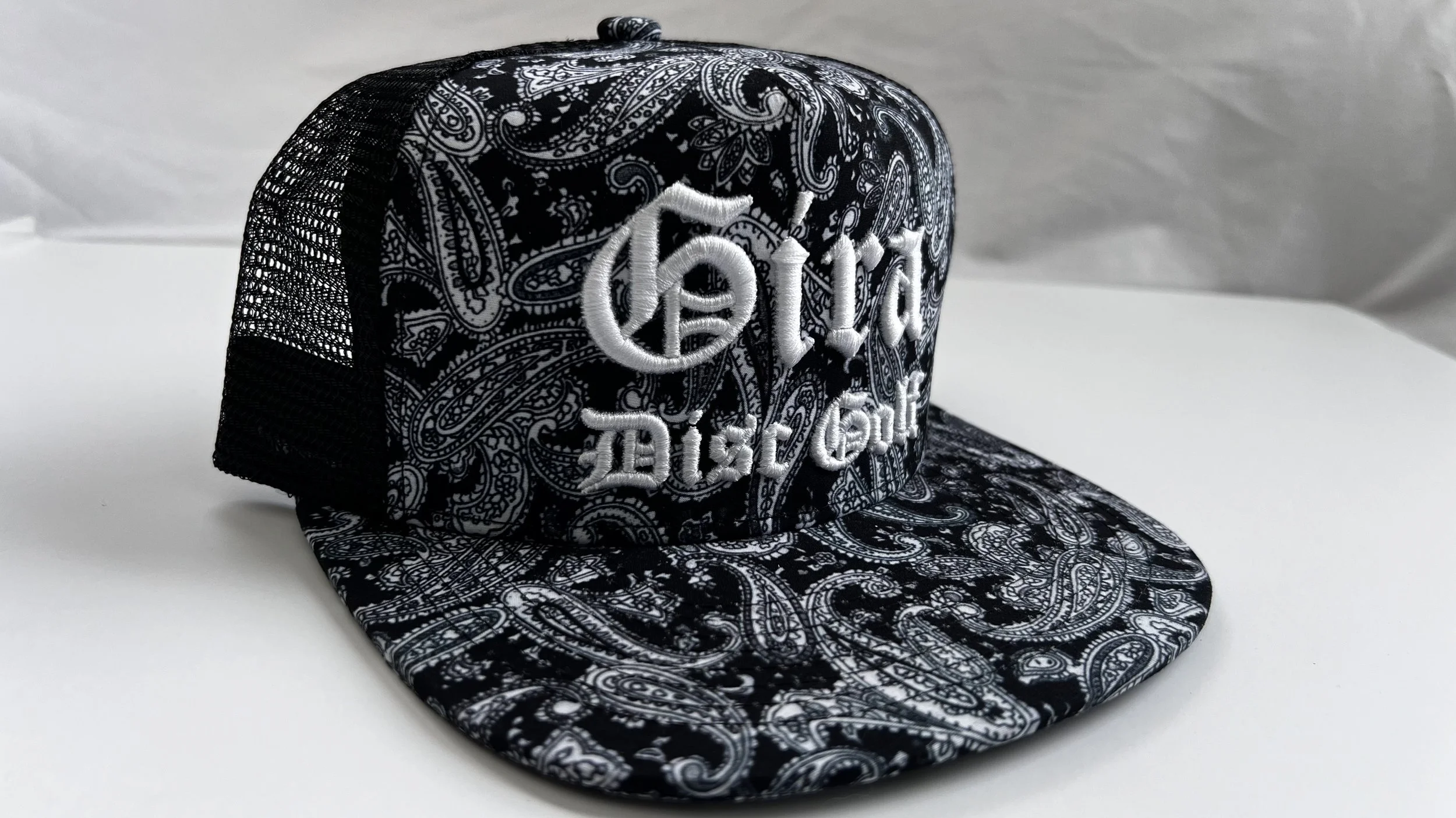 Mesh Trucker 5 Panel- White and Black Paisley “Viento”