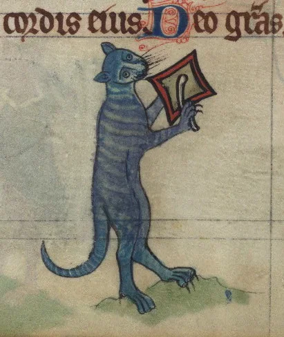 A Medieval painting of an anthropomorphized blue striped cat holding a book and sitting upright with a mischievous expression, from a historical manuscript.