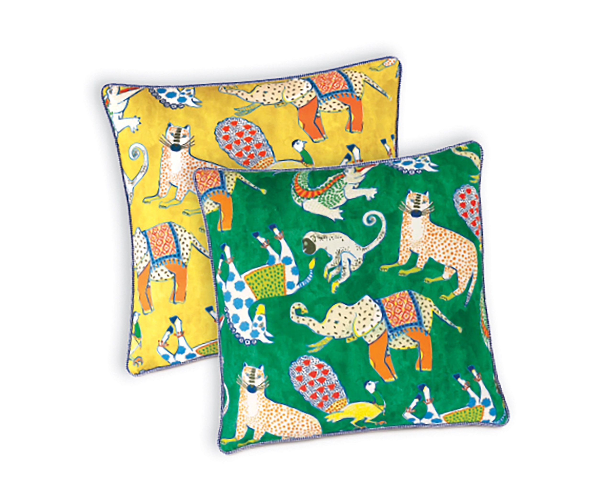  Step into the whimsical world of  Hullabaloo,  a delightful menagerie that march across these vibrant, reversible decorative pillows. Adorably colourful hand-painted dots and animals add charm to this endearing collection.  www.bedsidemanor.ky  