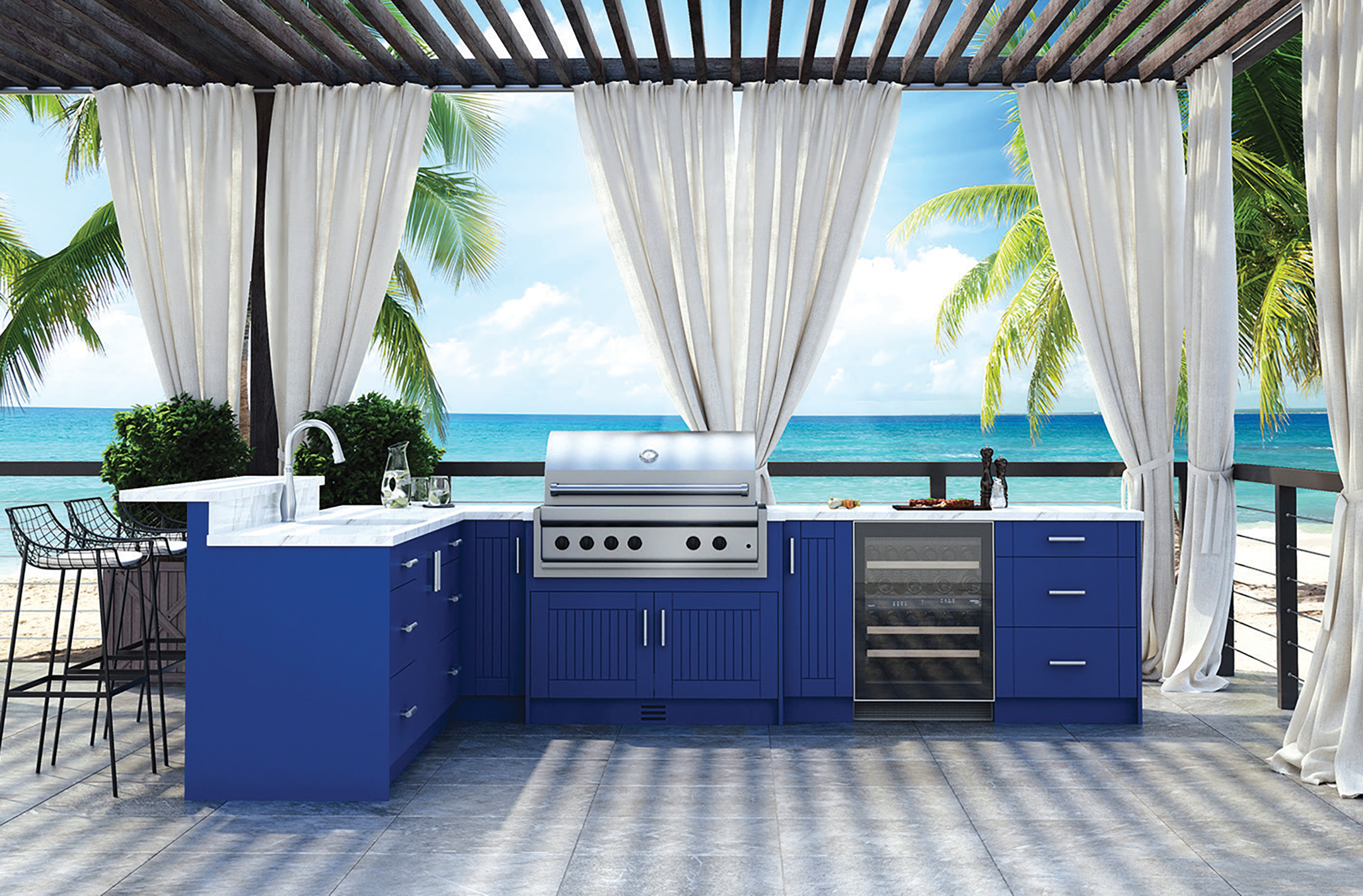  Brighten up your outdoor kitchen with  Weatherstrong  cabinets built to withstand the elements in an array of vibrant colours.   www.brandsourcecayman.com   