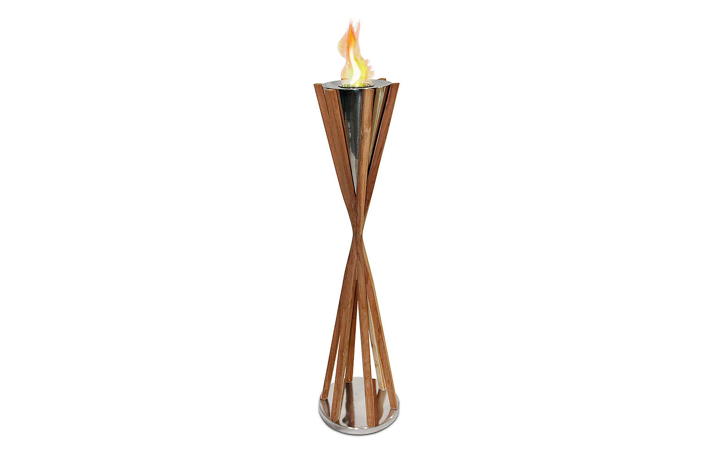  Light up the night with this statement teak and polished steel  Southampton Torch  that uses clean burning gel fuel to create the ambiance of a real fire.  www.designstudio.ky  