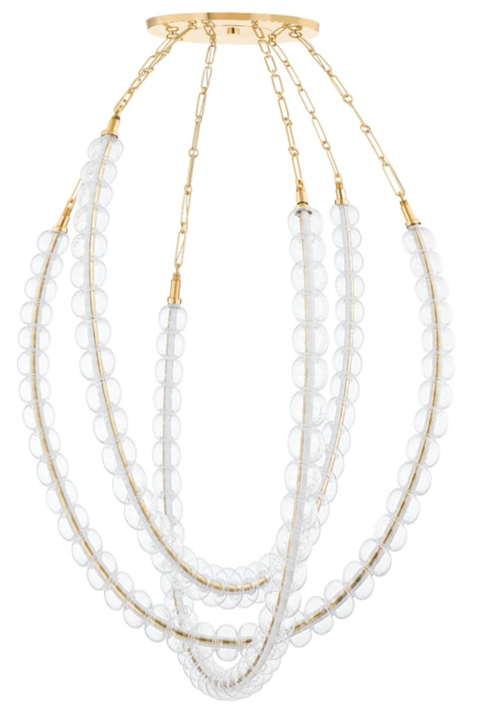  A vintage necklace reborn as lighting, the  Celeste Three Light Chandelier  pairs glass beads and teardrop-shaped brass for old-Hollywood allure and just the right amount of drama.  