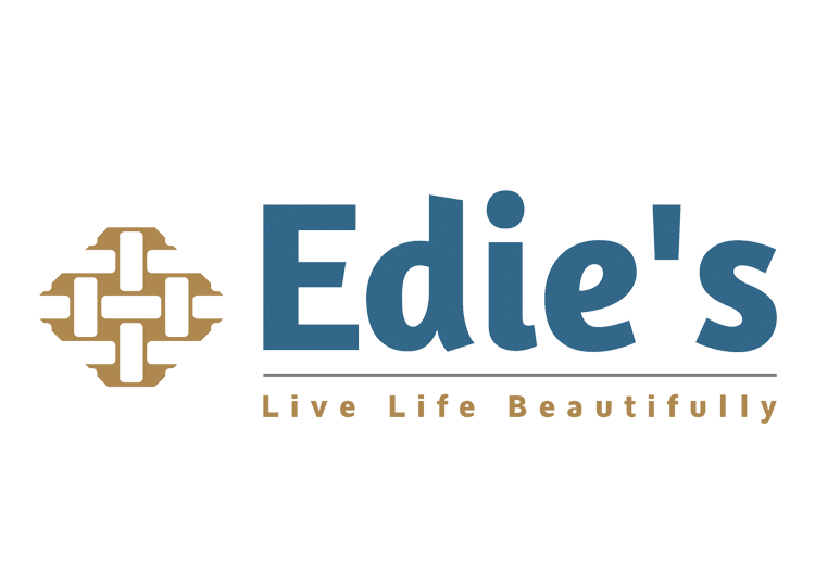 Logo for Edie's featuring a gold geometric symbol and the company name in blue, with the tagline 'Live Life Beautifully' underneath.