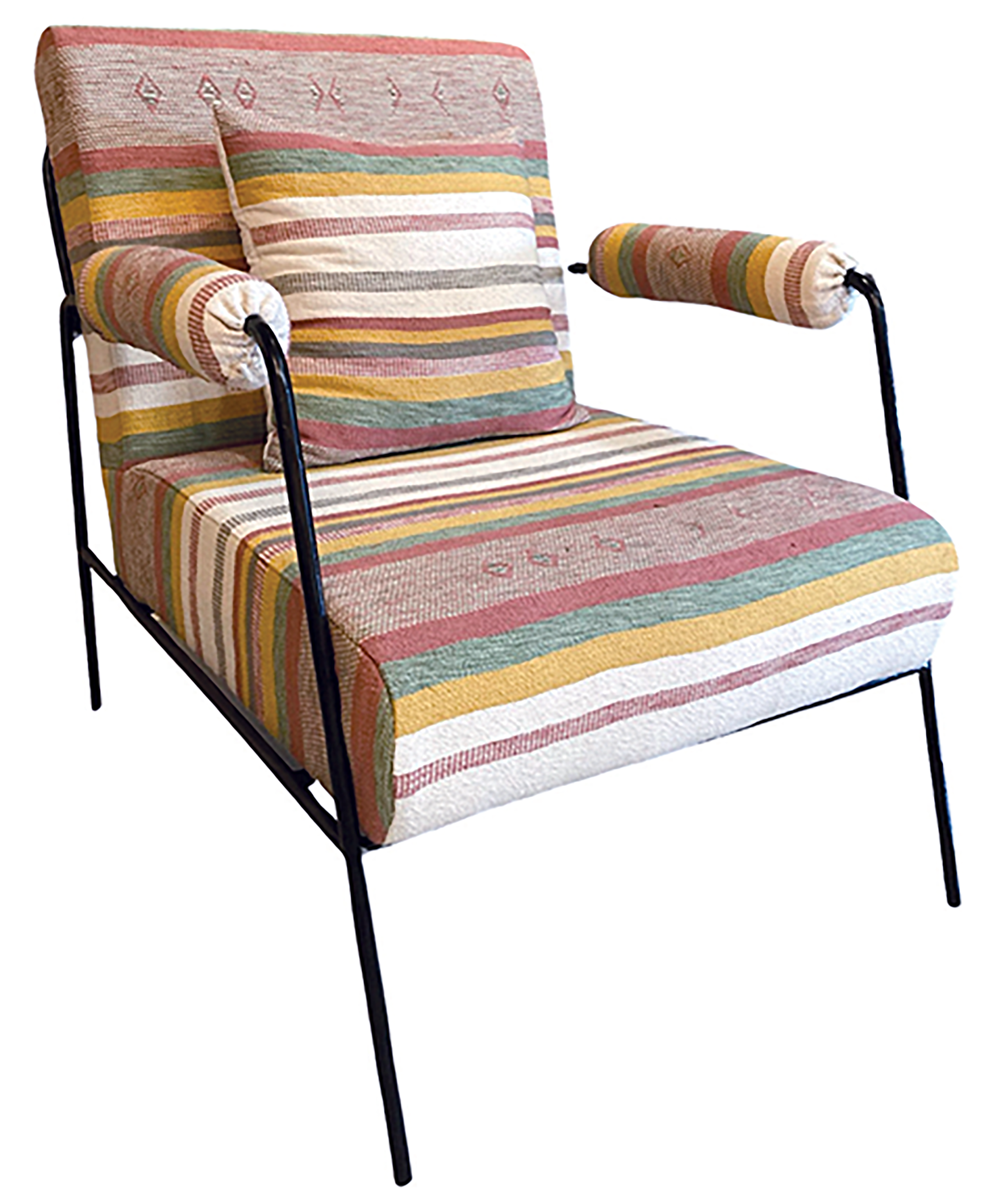  Crafted from durable metal and funky upholstery, the  Metal Frame Armchair  makes the ideal accent chair. Handmade and available in two patterns, its snappy profile exudes confidence.   www.ledgerandlooms.com   