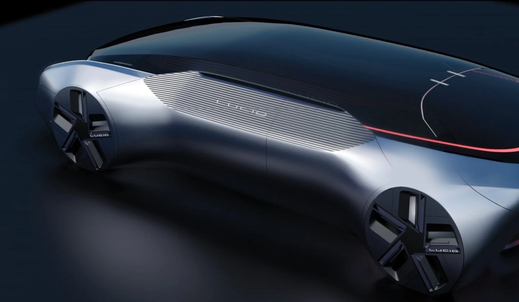 A sleek, futuristic concept car with a metallic body, illuminated lines and minimalistic design, branded with 'Lucid' on the wheels.