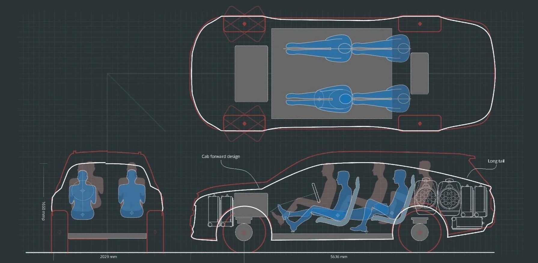 Technical blueprint of a vehicle showing interior seating configurations, cargo space, long tail, and cab forward design.