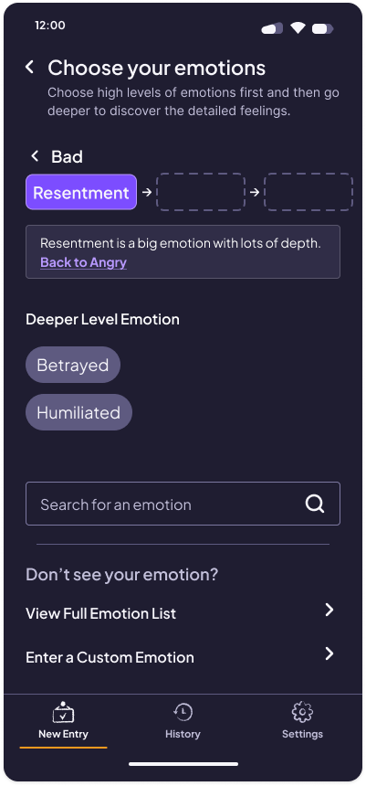 emotion picker screen showing connections across emotion categories