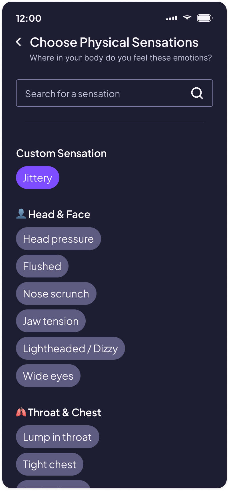 physical sensation picker showing custom emotion entered