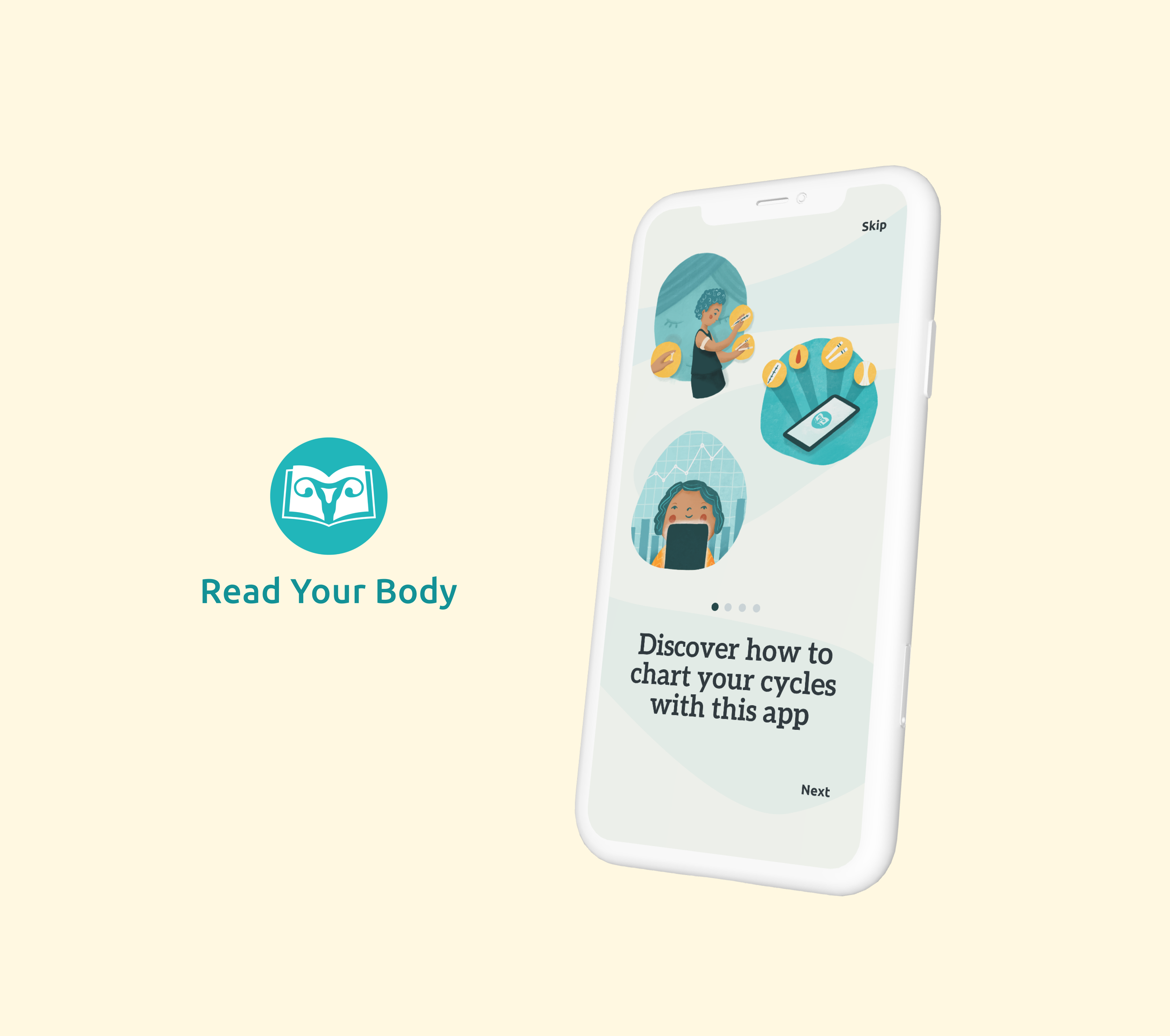 Read Your Body logo and phone mock up with illustrations saying "Discover how to chart your cycles with this app"