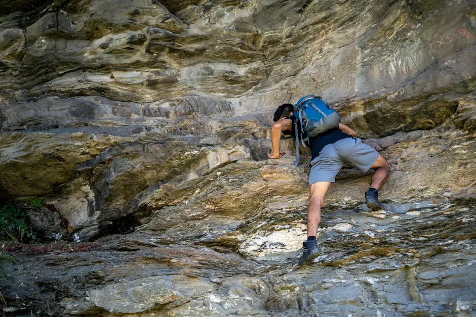 A person rock climbing on a steep, rocky outdoor cliff face wearing a backpack, black shirt, and gray shorts.