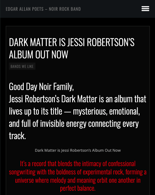 Edgar Allen Poets: Dark Matter Is Jessi Robertson’s Album out Now