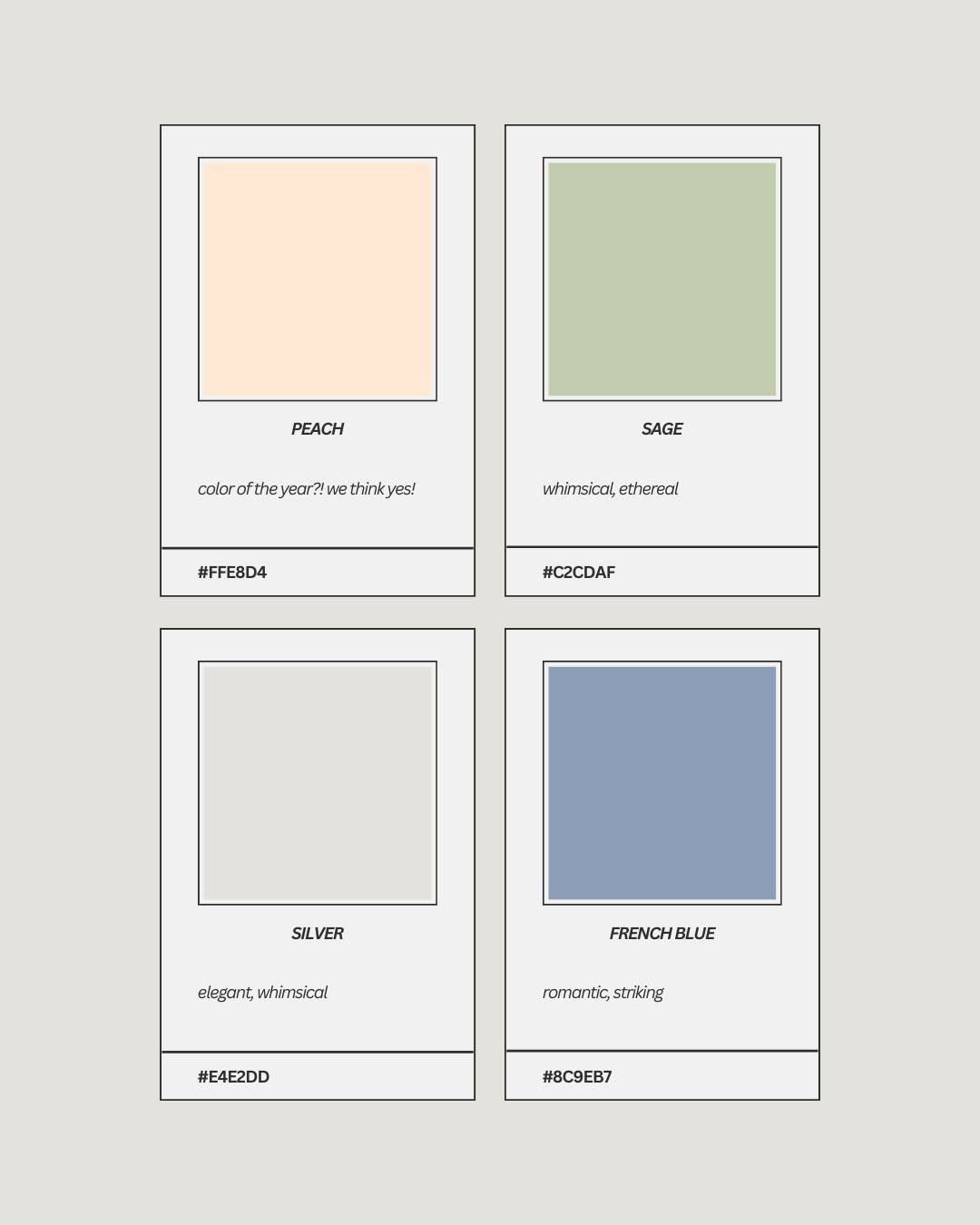 Wedding color trends for signage tend to change throughout time but here are four of the more popular colors we are seeing at the moment:

🍑 Peach
🍃 Sage
💍 Silver
🩵 French Blue
.
.
.
#asterandpalm #weddingcolors #wedding #CustomSignage