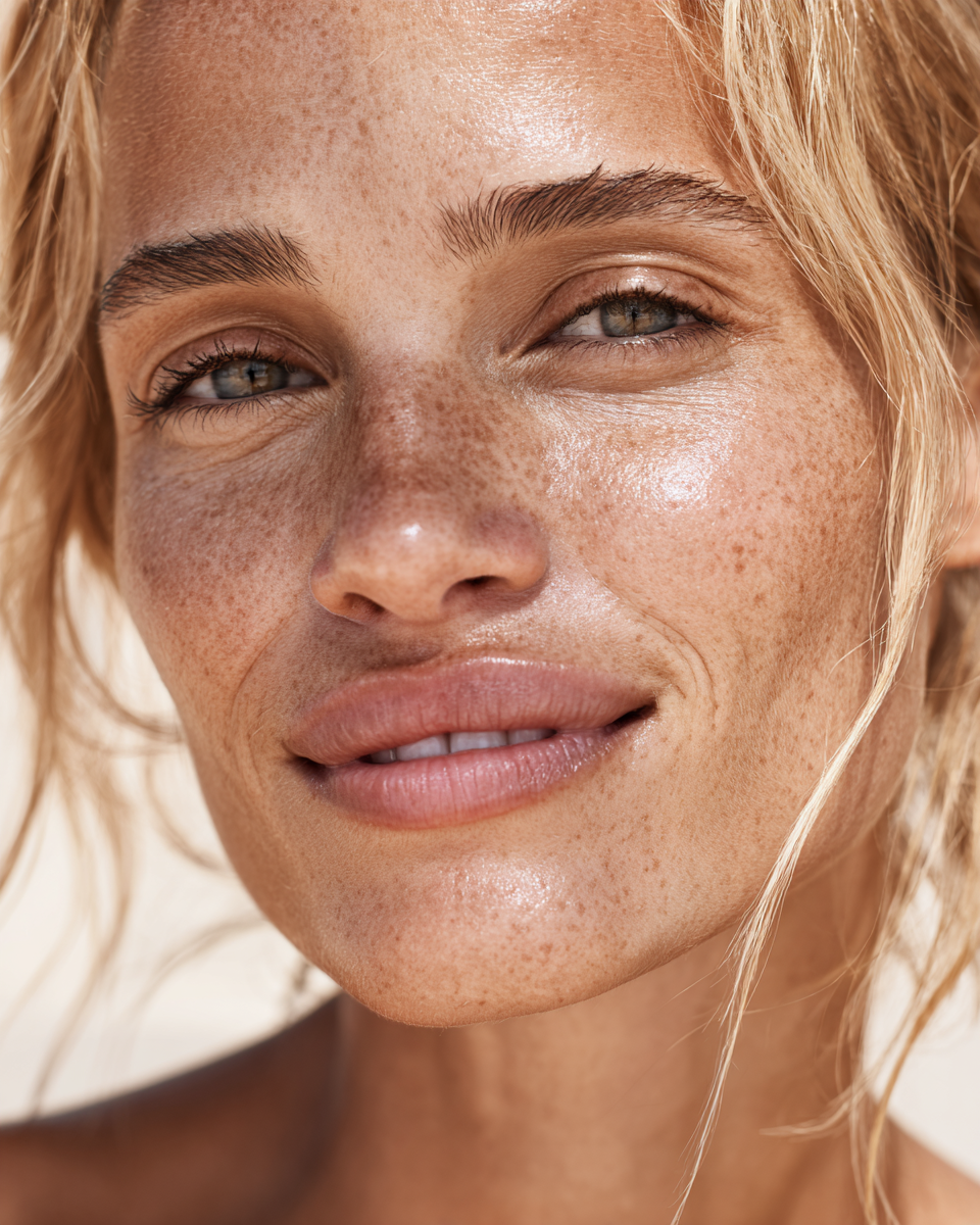 Close-up of a smiling woman with blonde hair, freckles, and clear skin.