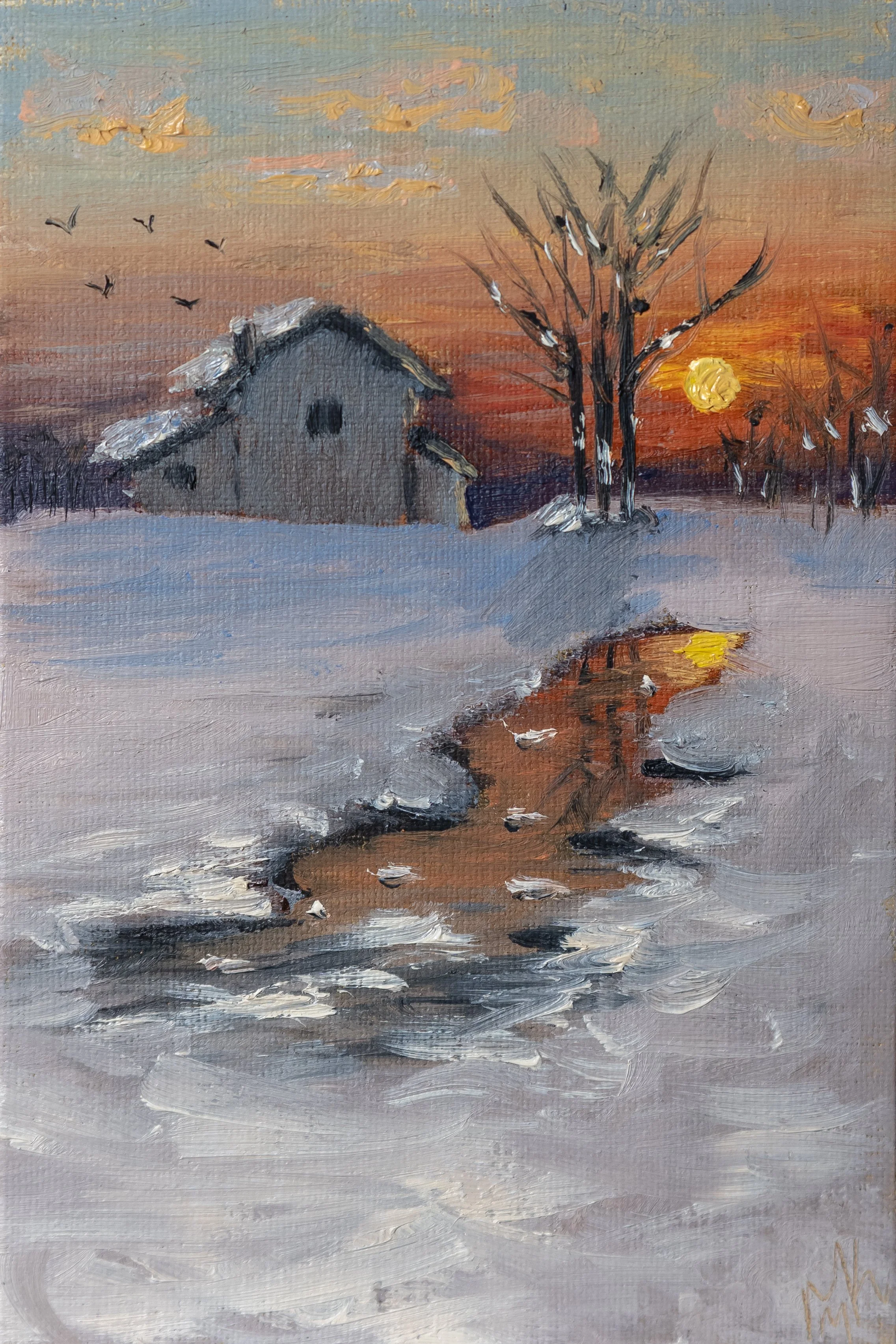 Snowy Sunset - Original Painting