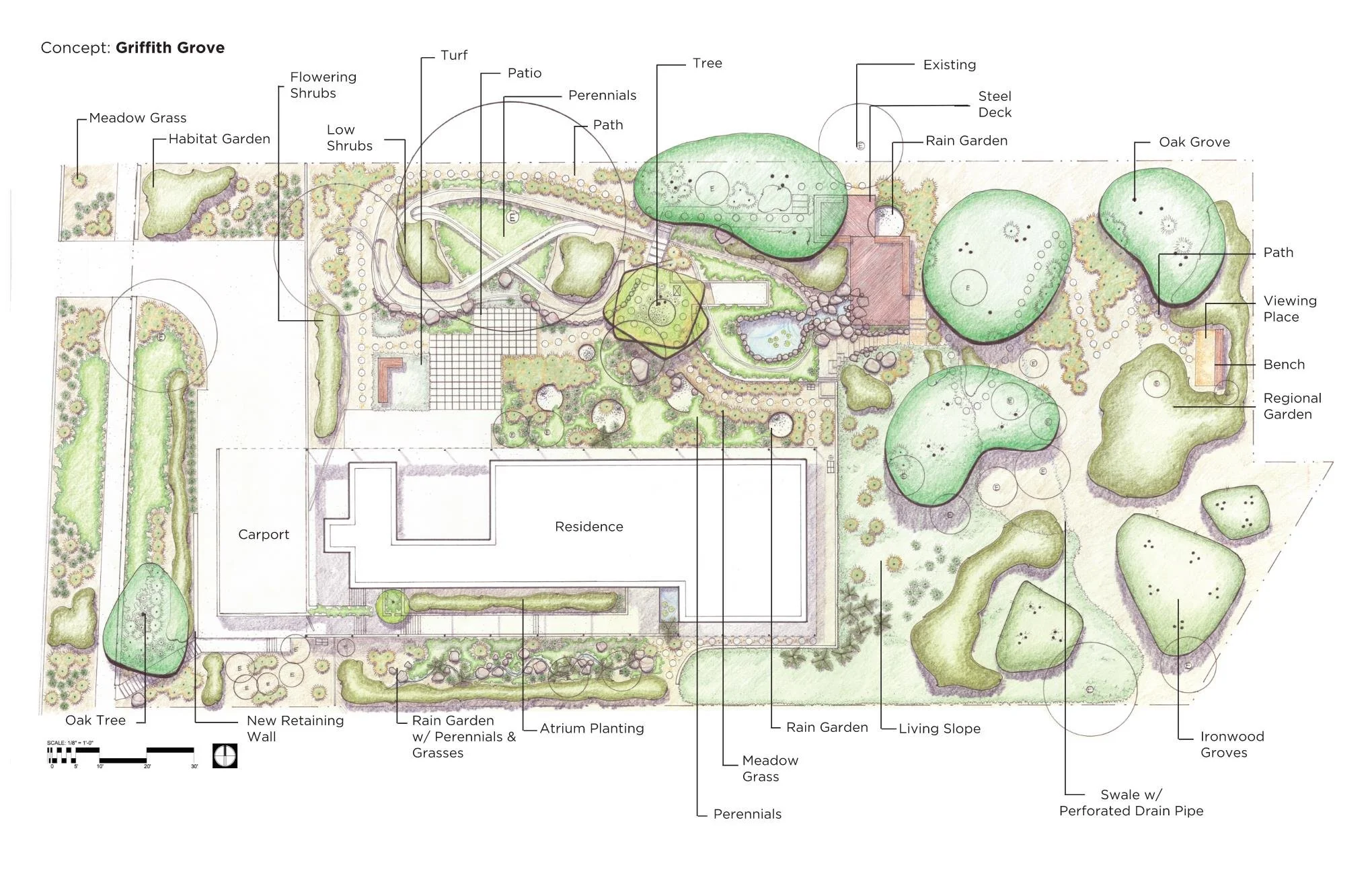 Illustrated site plan with rain gardens, ironwood groves, and meadow grass at a Raphael Soriano residence in Los Feliz by CRAFT Landscape Architecture