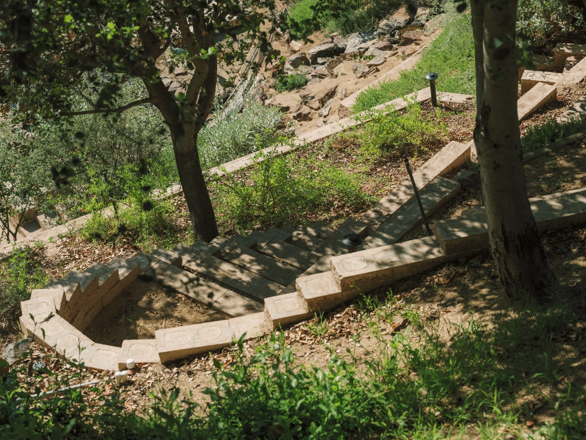 Curving split-face cmu staircase descending through oak canopy and native plantings on a hillside at a Raphael Soriano residence in Los Feliz