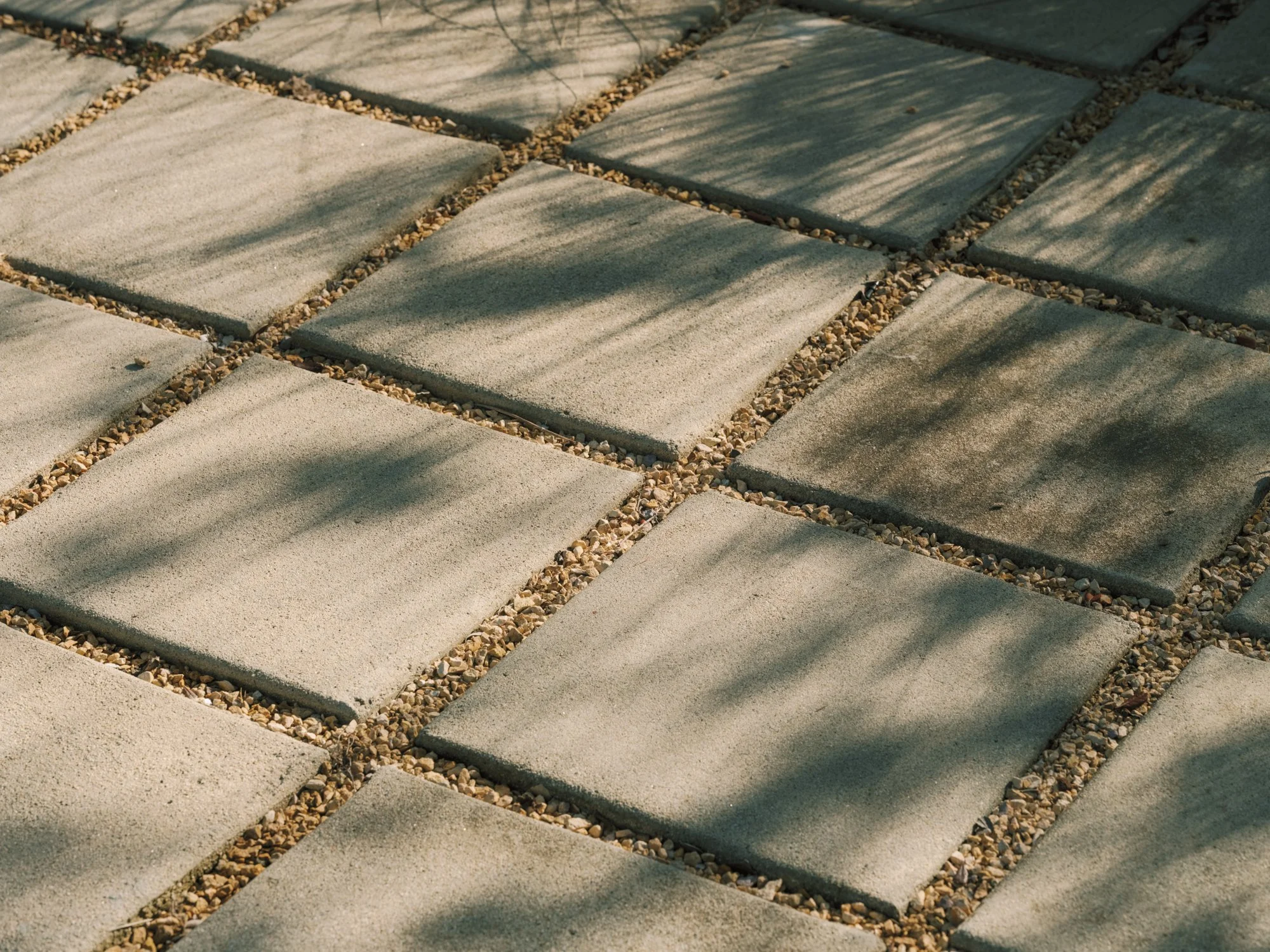 Concrete paver terrace with California Gold joints in dappled shade, hardscape detail at a Raphael Soriano house in Los Feliz designed by CRAFT Landscape Architecture